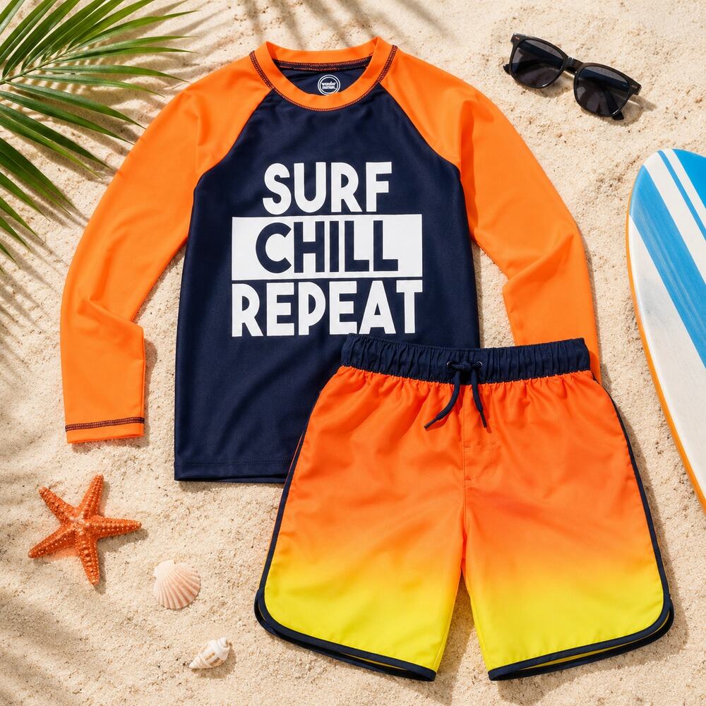 Boys XS 4/5 Surf Chill Repeat Swim Set Rash Guard NWT Beach Water Park Vacation